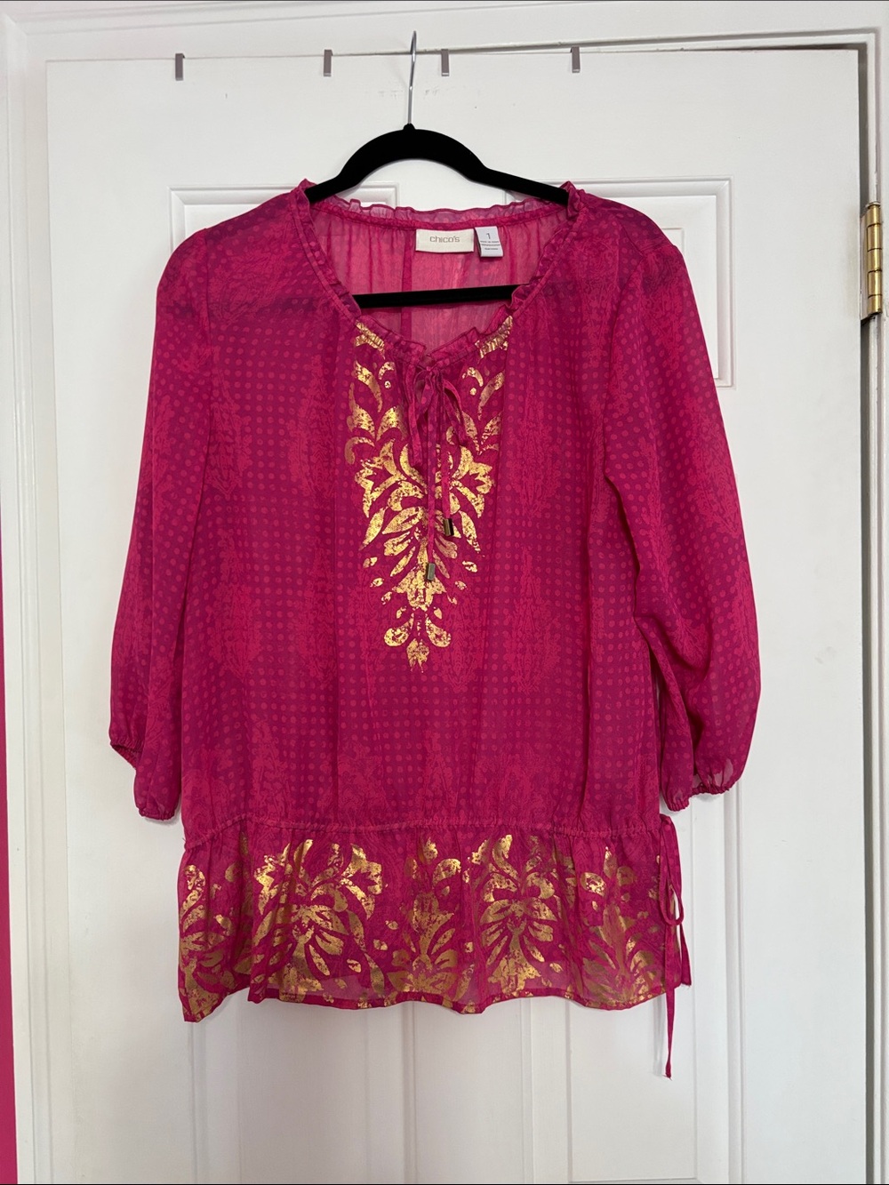 Chico’s Hot Pink Tunic with Gold Foil Detail